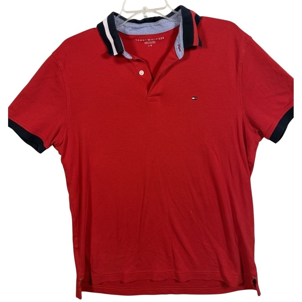 Tommy Hilfiger Mens Large Shirt, Red Polo Short Sleeve Striped Collar Cotton